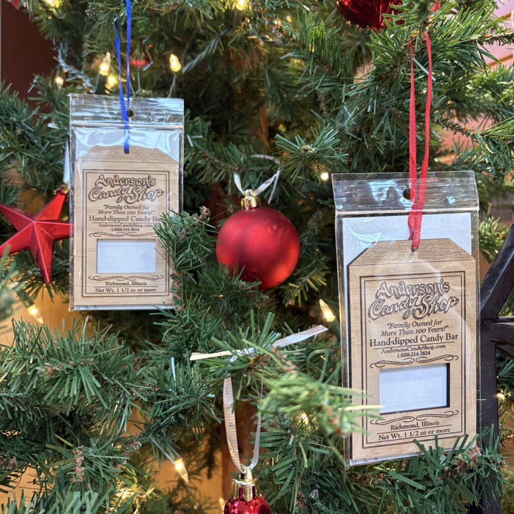 Wooden candy bar wrapper ornaments