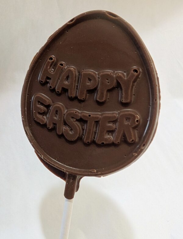 chocolate sucker that says happy easter on it