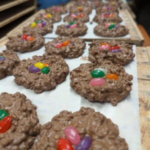 milk chocolate krispy rice nest with jelly bean eggs being made